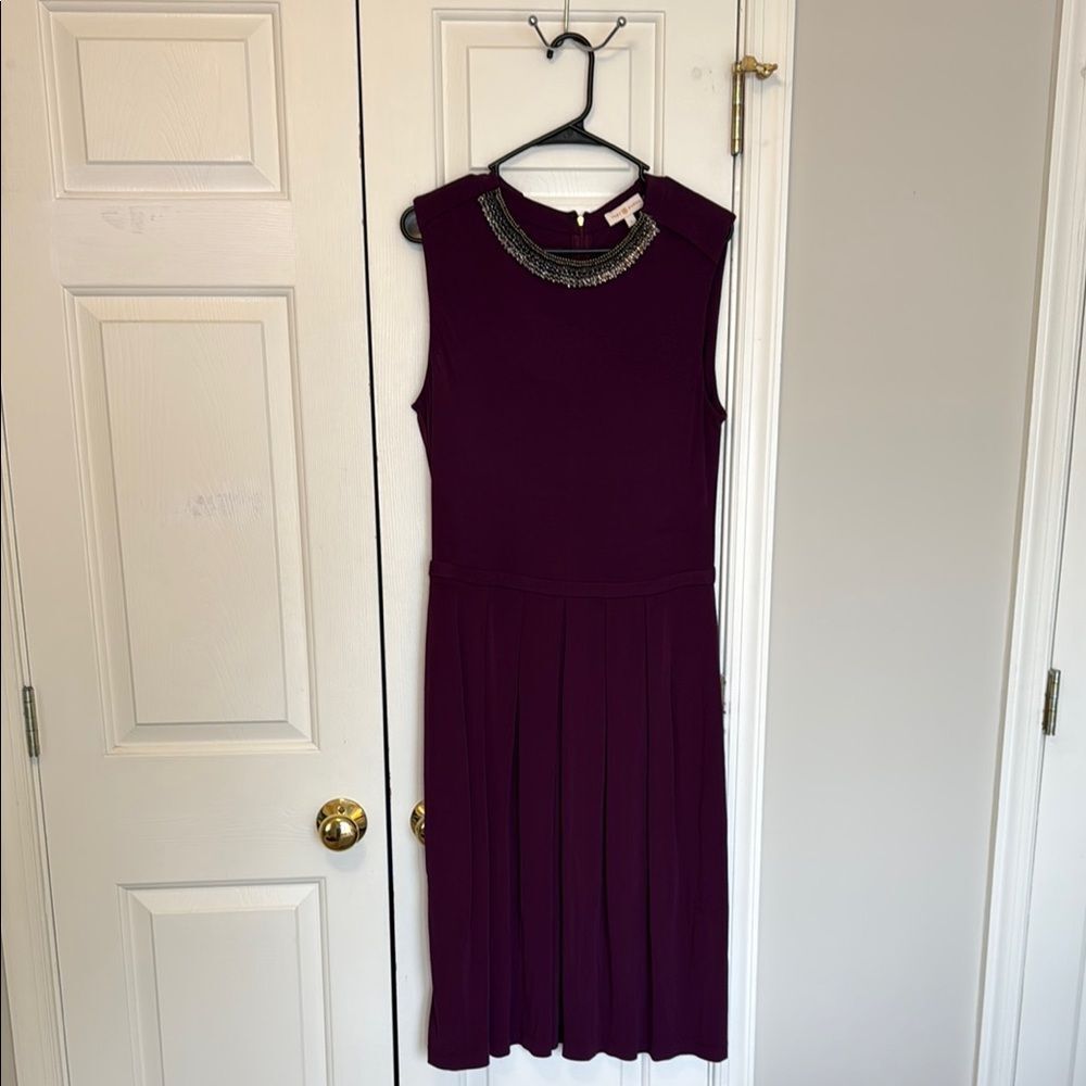 Tory Burch Pleated Plum Dress with Embellished Beaded Neckline Size Large